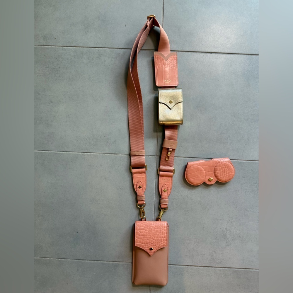 Any Di Stylish Croco Peach and Gold leather and Nylon Crossbody Phone Holder Set - Picture 5 of 7